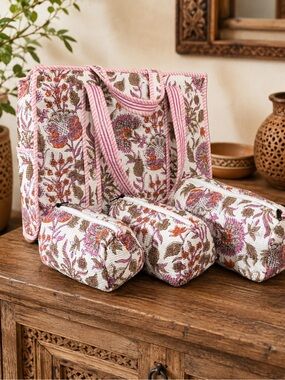 Floral Quilted Tote and Pouch Set - Pink